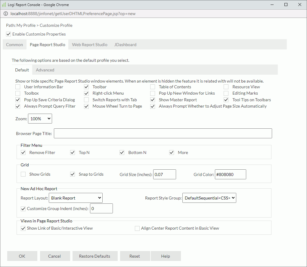 Customize Profile dialog box - Page Report Studio